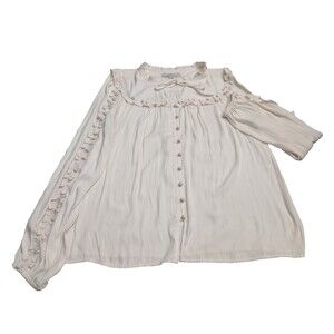LOFT Ruffle Neck Button Front Blouse Size M White/Cream Casual Work Top